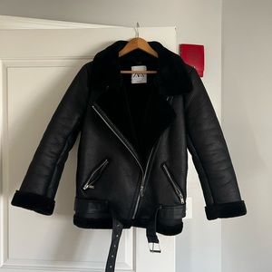 Zara faux fur double faced biker jacket